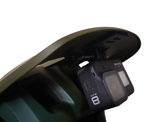 r3pro Under Visor Mount for Bluegrass Vanguard Helmets, white background, triple prong version with gopro hero 8 attached, close up