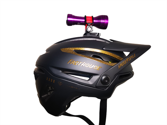 r3pro Top Mount for Bell Sixer Helmets, white background, quick release version, exposure diablo light attached with r3pro light mount.