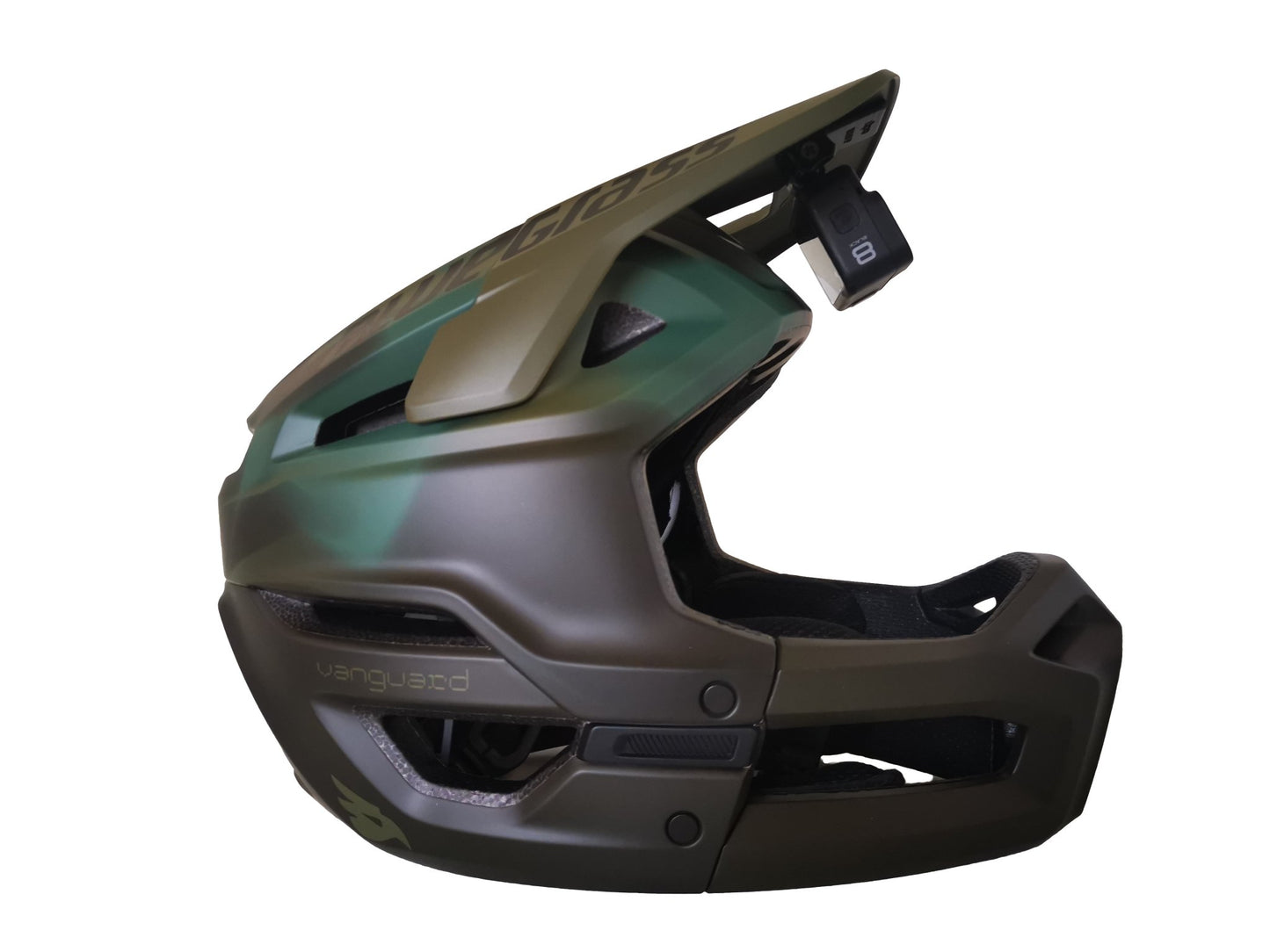 r3pro Under Visor Mount for Bluegrass Vanguard Helmets, white background, triple prong version with gopro hero 8 attached.