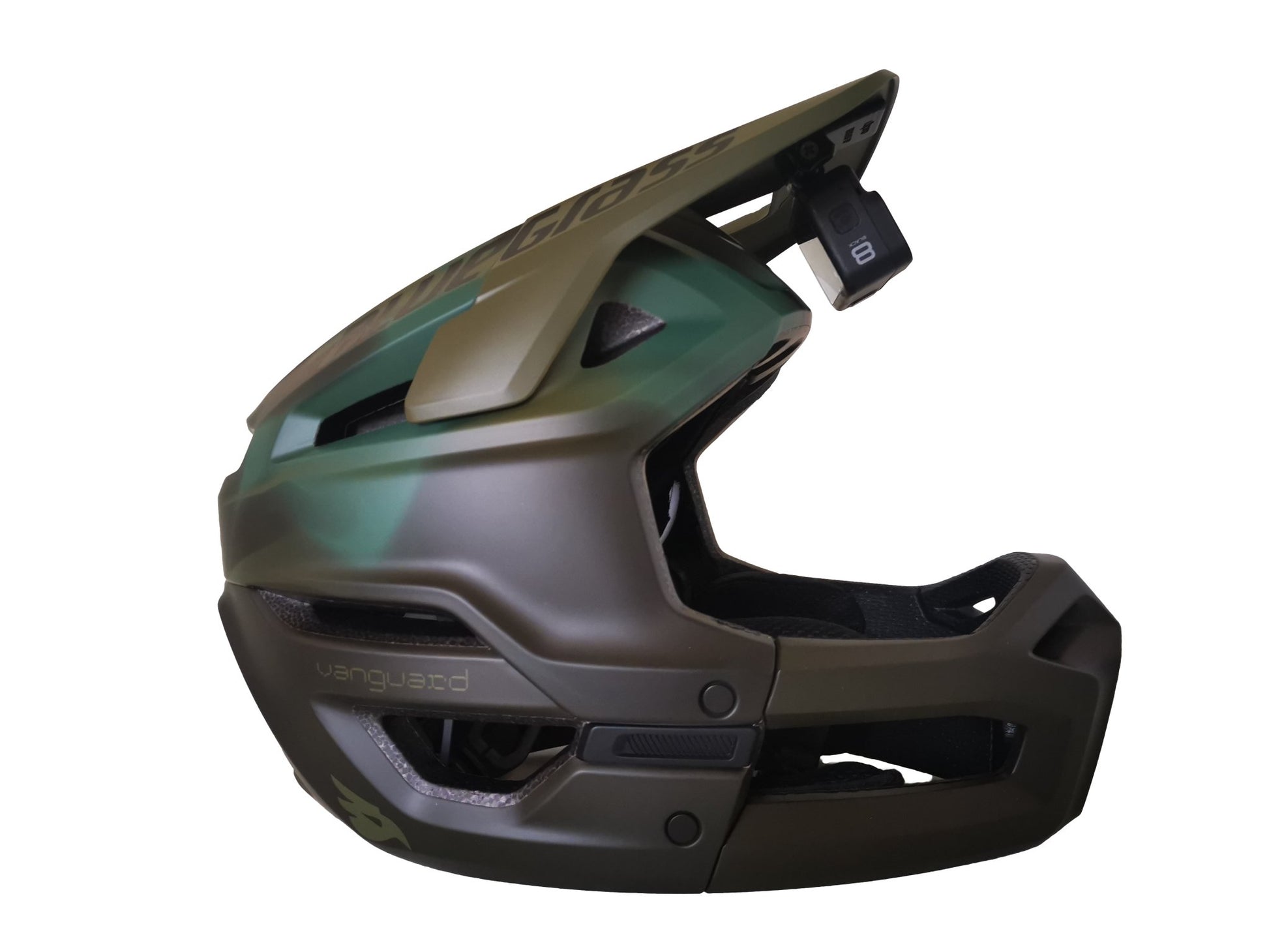 r3pro Under Visor Mount for Bluegrass Vanguard Helmets, white background, triple prong version with gopro hero 8 attached.